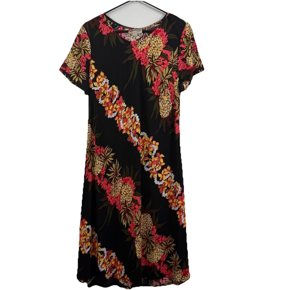 Hilo Hattie Black Pineapple Panel Dress Large Bias Cut Hawaiian Tropical Floral